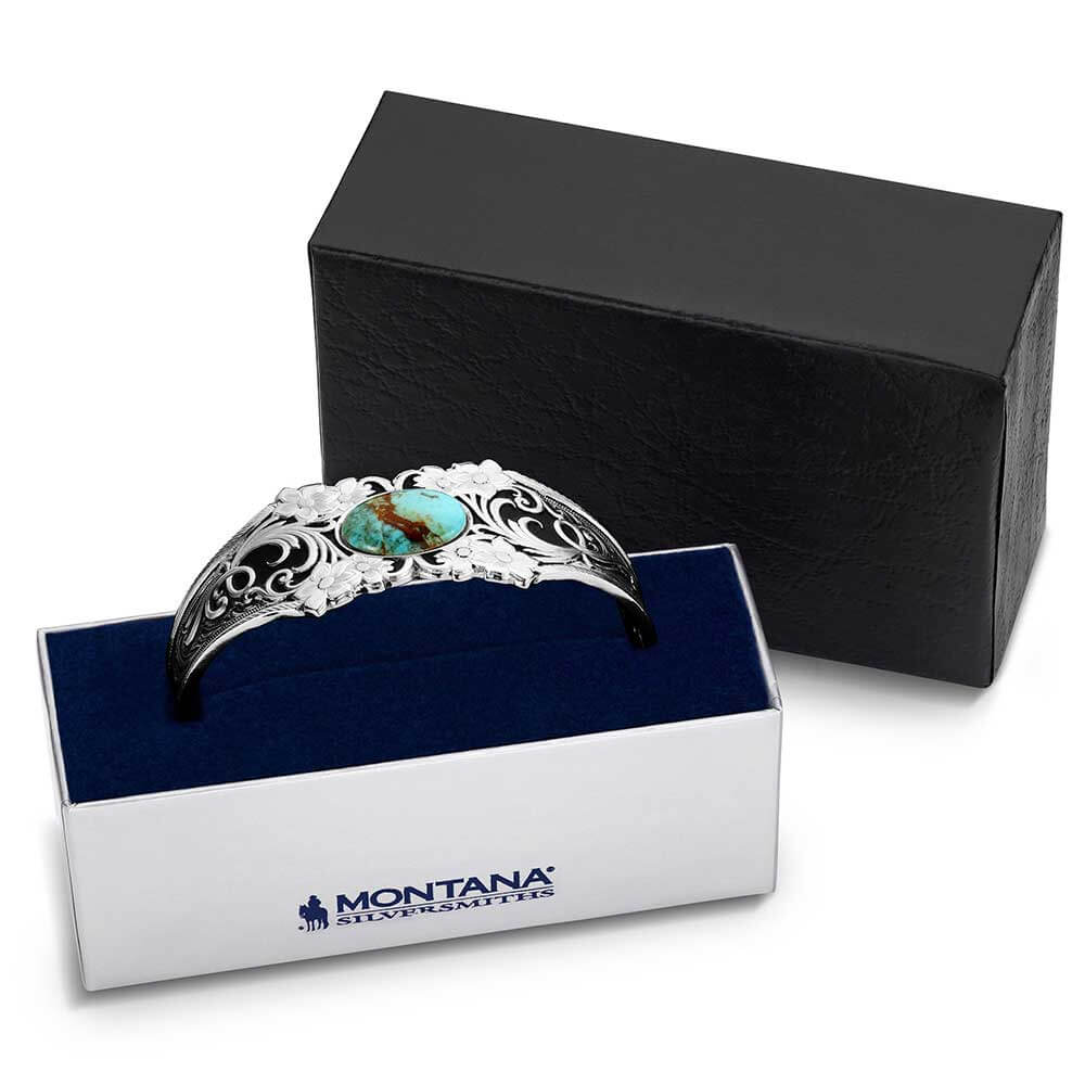 Silver bracelet with turquoise stone in a Montana Silversmiths box