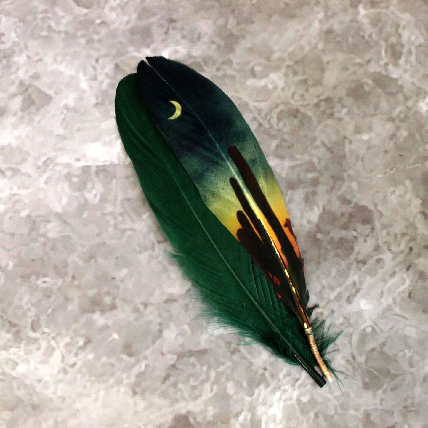 Green feather with a crescent moon design on a textured gray surface