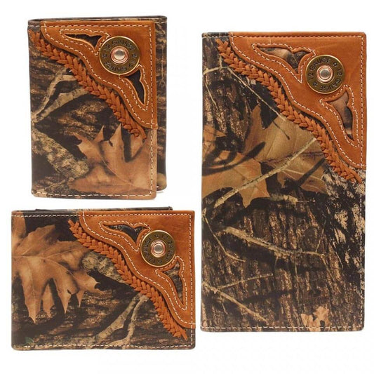 Western Wallet features Mossy Oak Breakup material designed with a 12 gauge shotgun shell concho on an overlay on the front corner, along with a braided trim.  