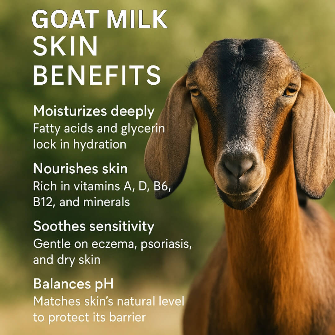 Goat with text about goat milk skin benefits on a blurred natural background