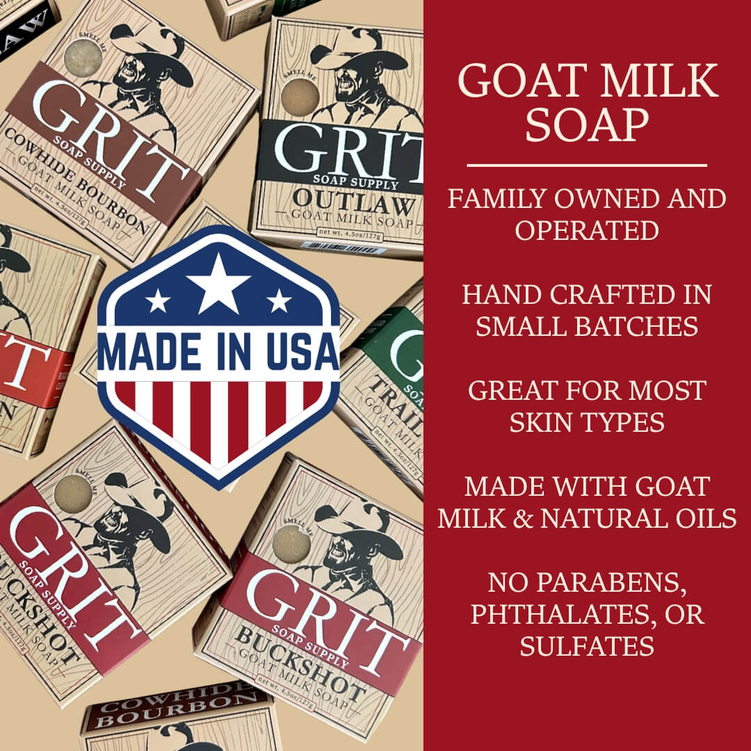 Goat milk soap packaging with branding and product details on a beige background