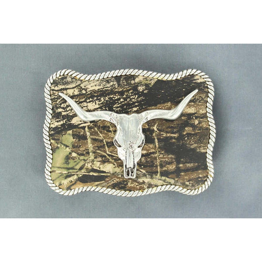 This Nocona buckle is great for any cowboy or hunter.  Belt buckle with silver tone steer skull ornament in the center.  Silver rope border with black inlay highlights.  This buckle offers the latest in cowboy fashion.  Measures approx 2-3/4" x 3-3/4".