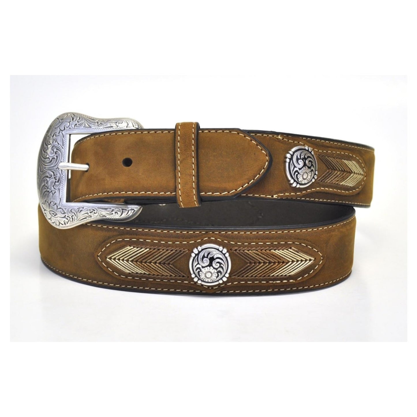 This belt is very handsome with detail such as conchos and&nbsp;arrow lace&nbsp;details. This belt has a removable silver buckle. 1 ½ ”wide. Genuine leather