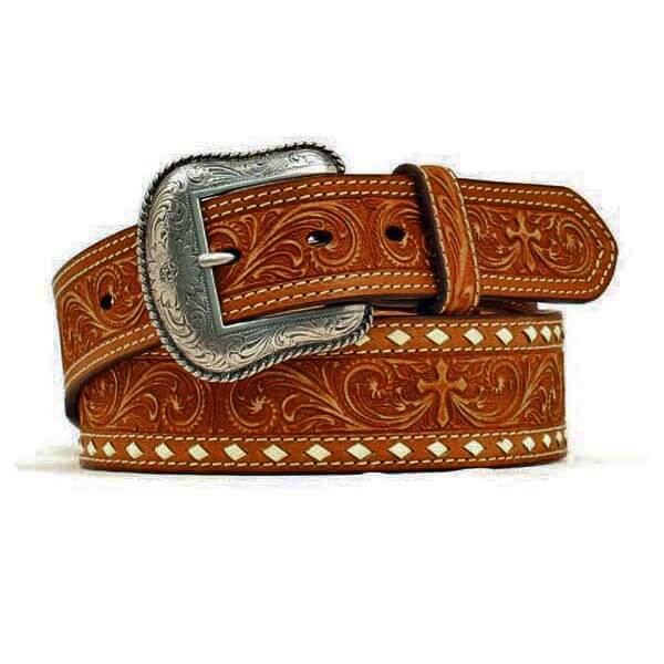 Enjoy comfort and durability from this Men's Nocona belt. This brown leather belt features a western floral and cross tooling in the center of the strap and white laced trim. Belt measures 1-7/8" that tapers to 1-1/2" at the ends. Interchangeable silver buckle.