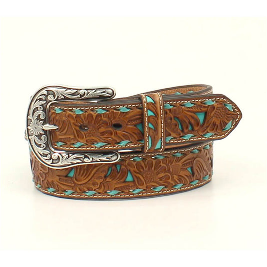 Here's a beautiful western ladies belt. It features a pierced tan leather strap with turquoise underlay, turquoise buckstitch laced edges and contrast stitching. This belt has a rounded antiqued style silver buckle. Imported.&nbsp;