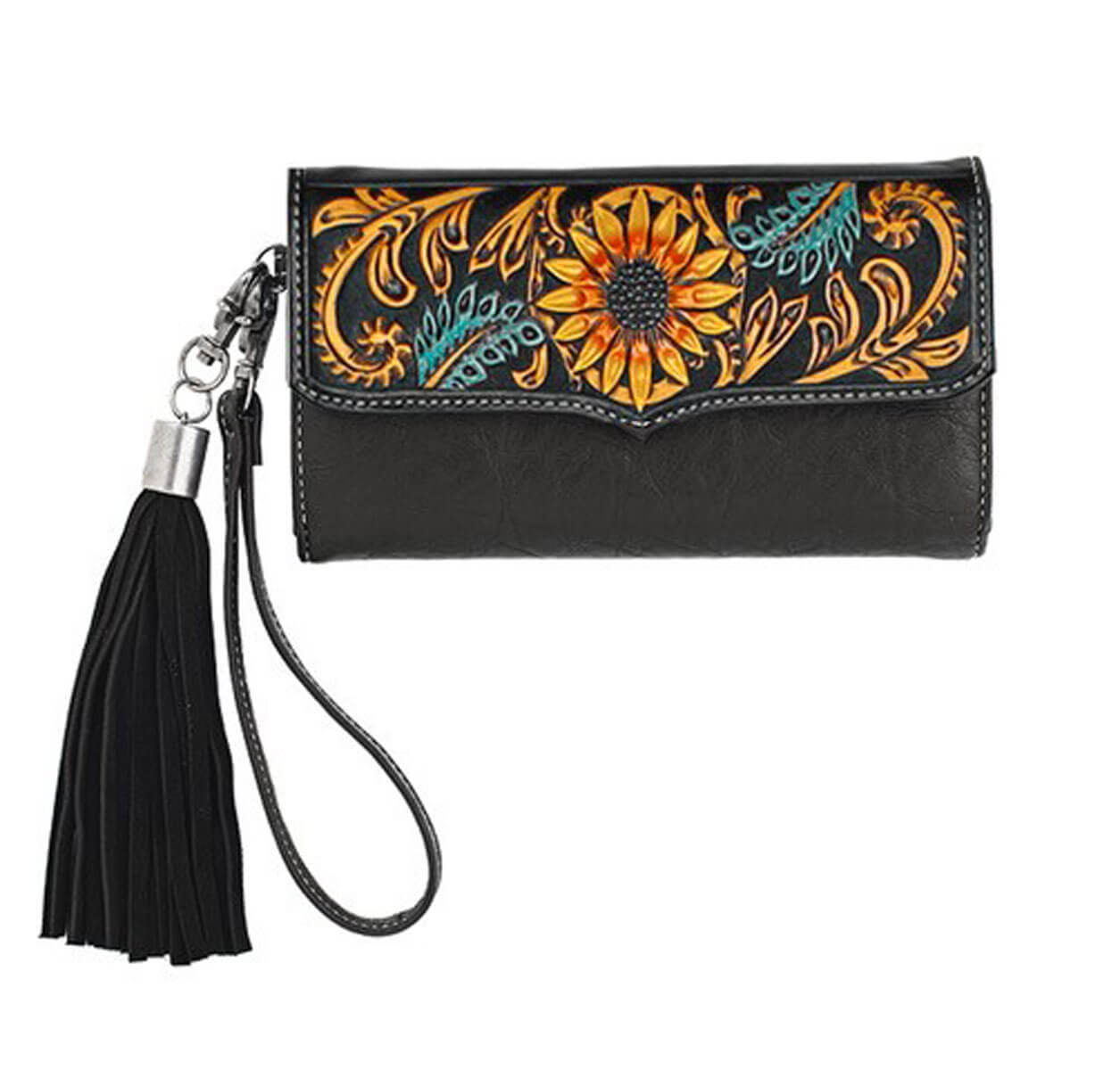 Black with tooled sunflower fold over flap with ivory lacing. Customize your look with the removable leather wristlet. Zip pocket on the back and inside has multiple pockets for ID/credit cards and a pocket for your checkbook.&nbsp;Measures: 7-1/2 X 4-14” X 1-1/4”