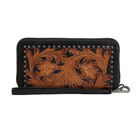 Quality made wallet will last you a years and years and it's classic look with stay with trends of time. Outside features a hand tooled, floral body. On the inside is one clear ID pocket and 16 card slots. Zipper closure. Measures: 4 x 7.75 x 1