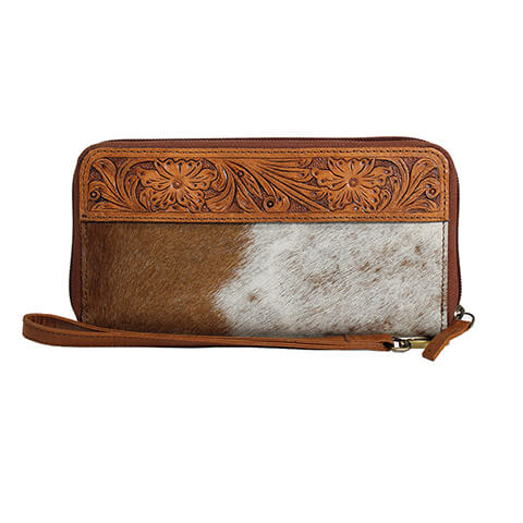 Nocona Kimberly wallet is hand tooled floral yoke on both sides. Body of the wallet is covered in calf hair. On the inside is one clear ID pocket and 16 card slots. Zipper closure. Great style for many different types of cowgirls and everyone western.