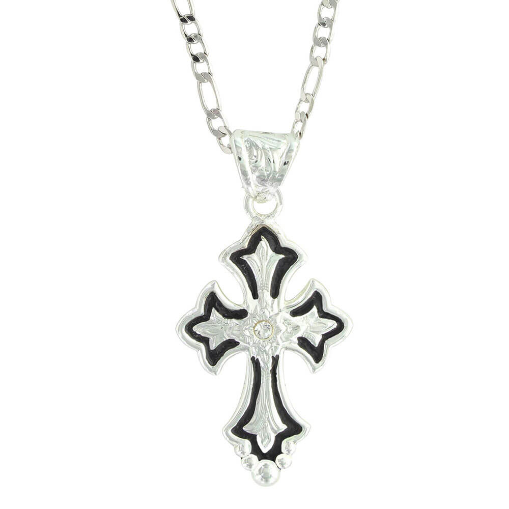 Small and subtle, yet a beautifully poetic shape, the silver cross is shaped at each end with a fleurs-de-lys. Trimmed in polished silver wire, the black outline highlights the bright silver flower and elongated leaves along the center. Engraved silver bail on an 18 inch chain