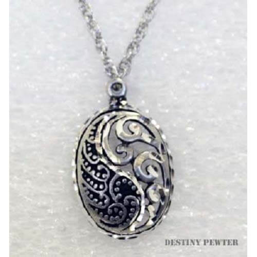 Destiny pewter jewelry are made of fine jeweler's pewter that is extremely lightweight and has a brilliant shine. each piece is handmade and hand finished with diamond cuts. The sparkly cuts give each piece a unique dazzling sparkle. Approximately 1" on an 18" chain. Matches our Pewter Paisley Oval Earrings. Made in USA