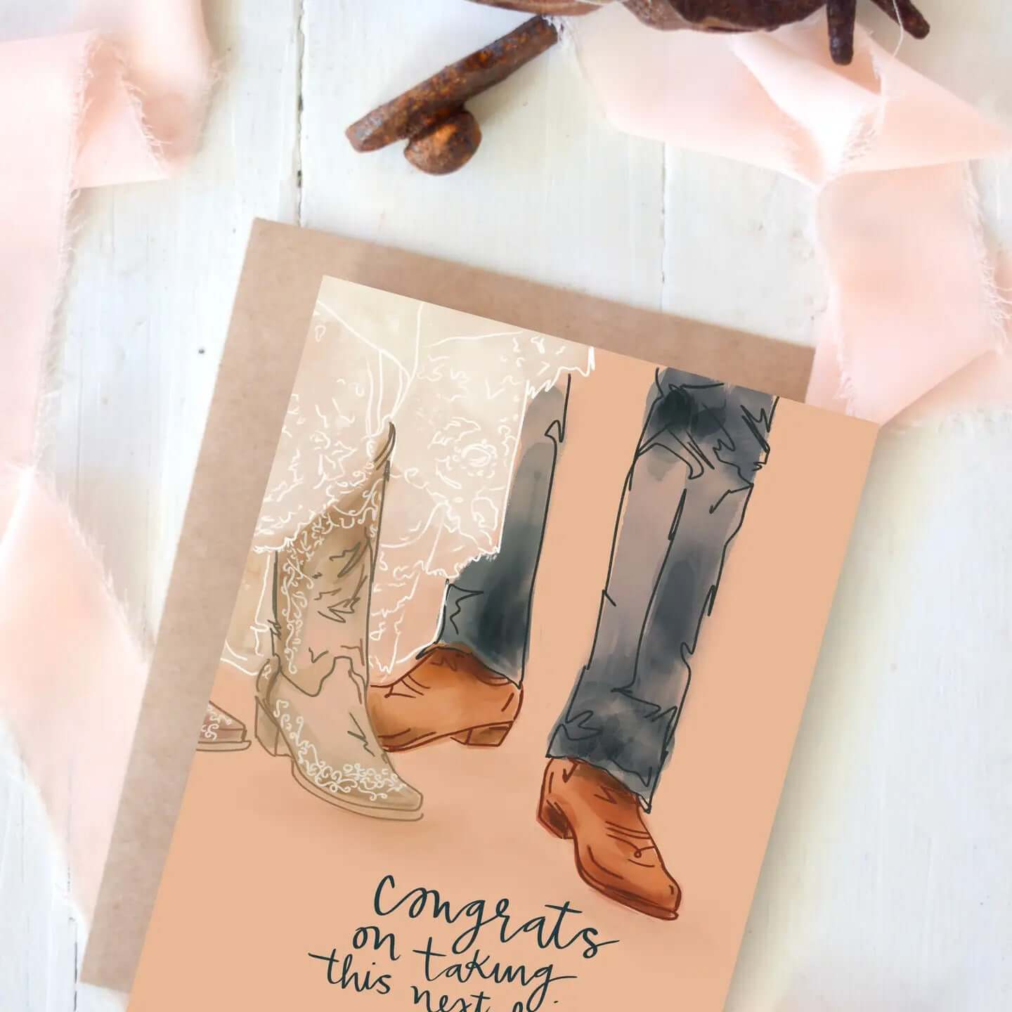 Cowgirl & Cowboy Western Greeting Cards Blank featuring cowboy boots and elegant design for celebrations.