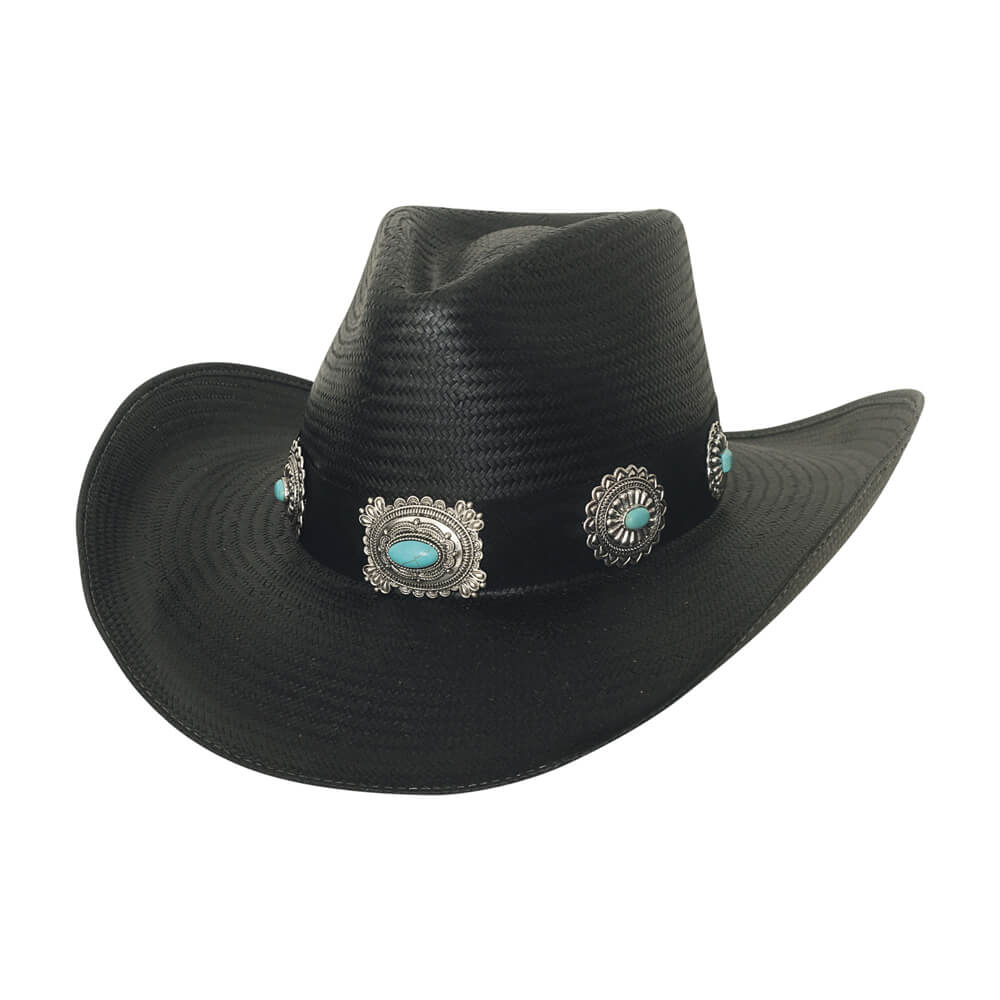 You'll be the envy of all the ladies in this A Night to Shine hat. From the black shantung panama straw, to the turquoise beading on the hat band, this hat is a classic, and guaranteed to dress up any night. Brim: 3 3/4