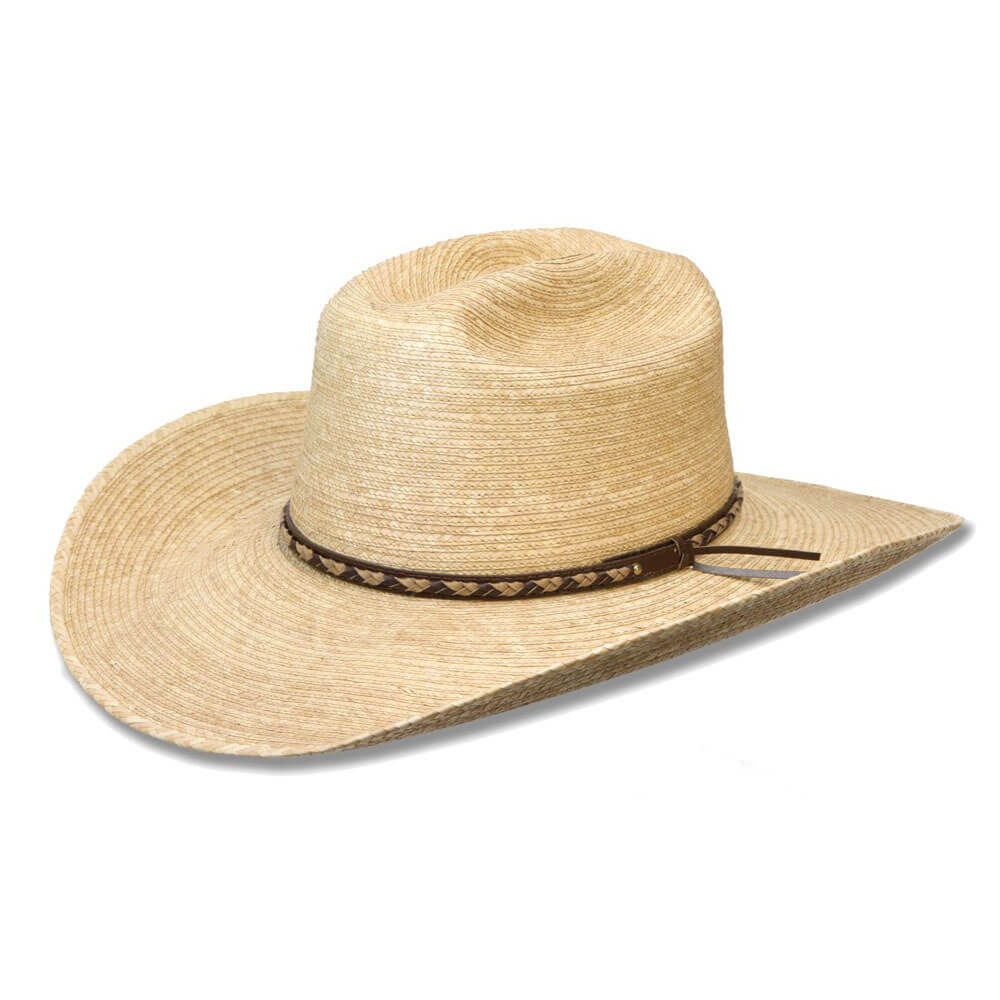 Natural oak-colored Guatemalan standard palm hat, 4" brim. Cattleman crease. Light brown hatband. 