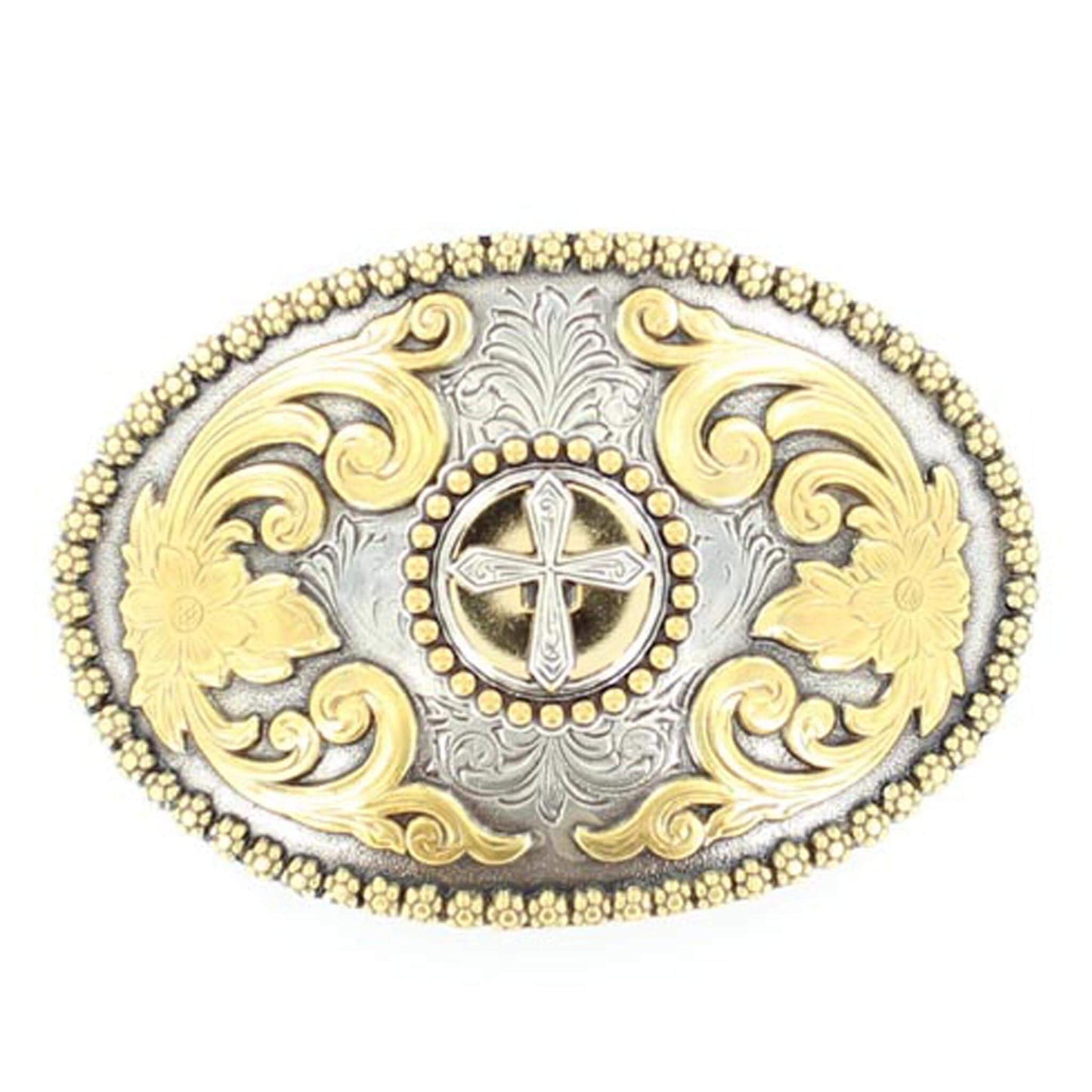 Men's western buckle features a silver oval shaped buckle with a gold berry edge accented with a cross Concho motif and floral scrolling on each side. Measures: 2 ¾" X 4"