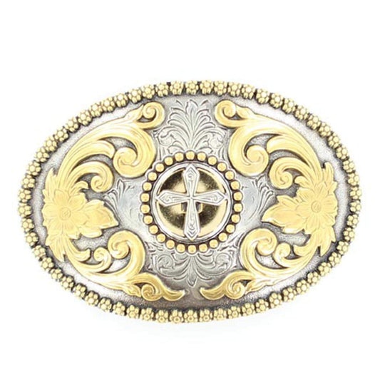 Men's western buckle features a silver oval shaped buckle with a gold berry edge accented with a cross Concho motif and floral scrolling on each side. Measures: 2 ¾" X 4"