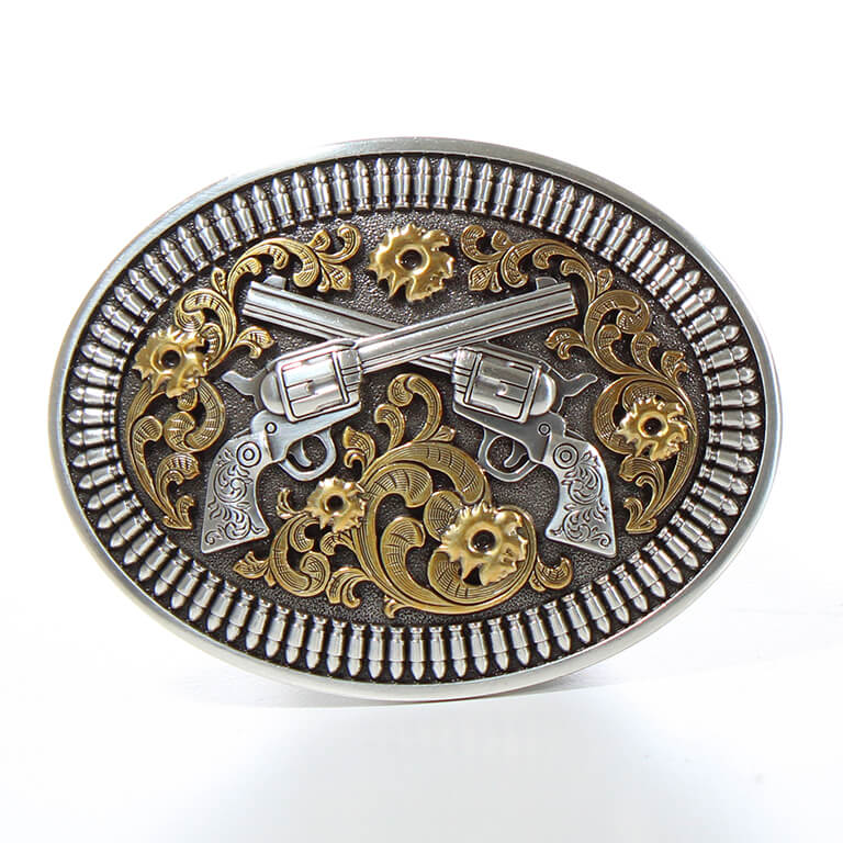 The two prominent revolver designs are the star of the show, featuring intricate engravings and a 3D sculpted look that makes them pop. The contrast of the rugged revolvers against the delicate gold floral accents creates visual interest and sophistication.