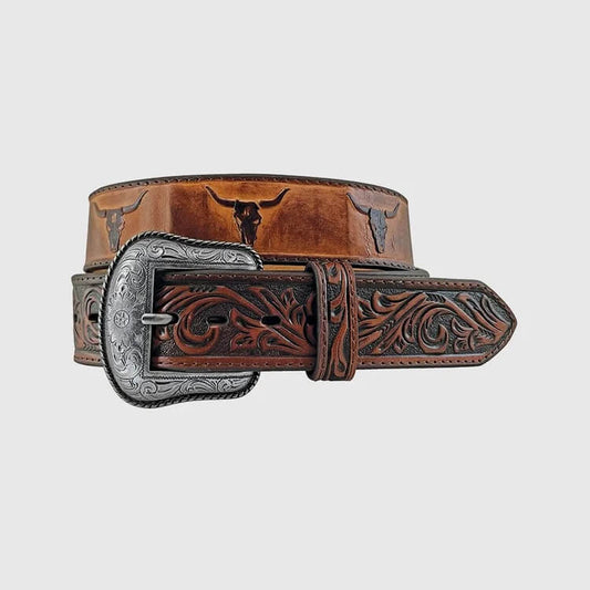 Brown leather belt with intricate designs and a large silver buckle on a light gray background