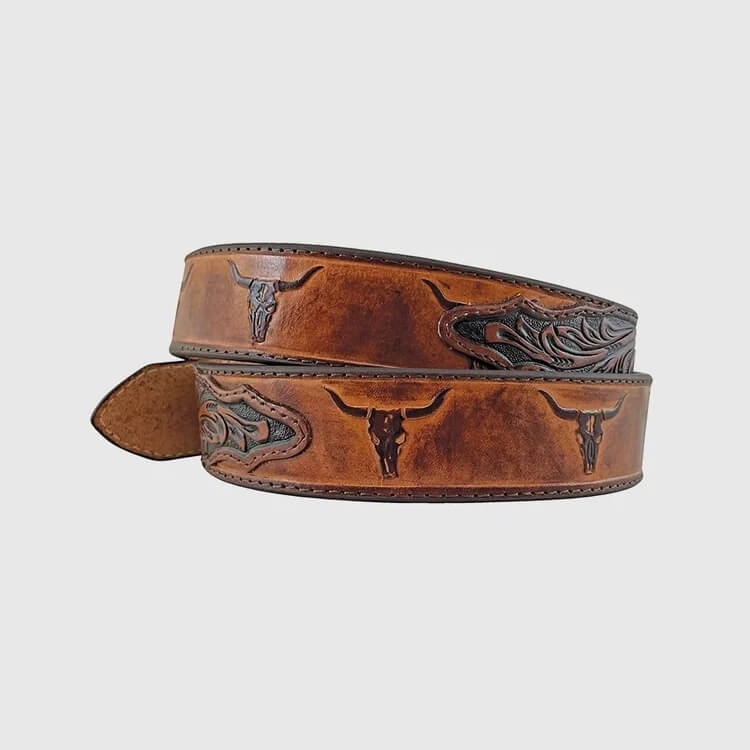 Brown leather belt with embossed designs on a light gray background