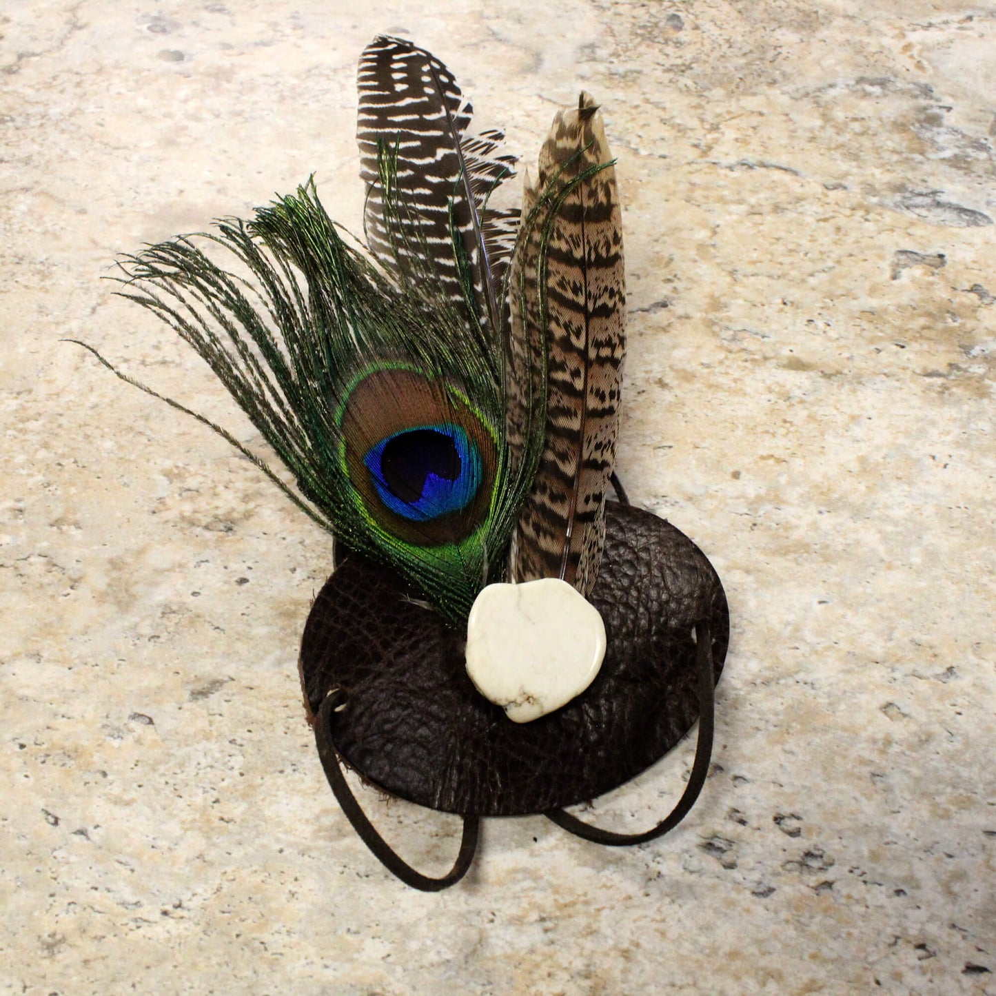 Peacock Feather, White Turquoise Slab Leather Hatband