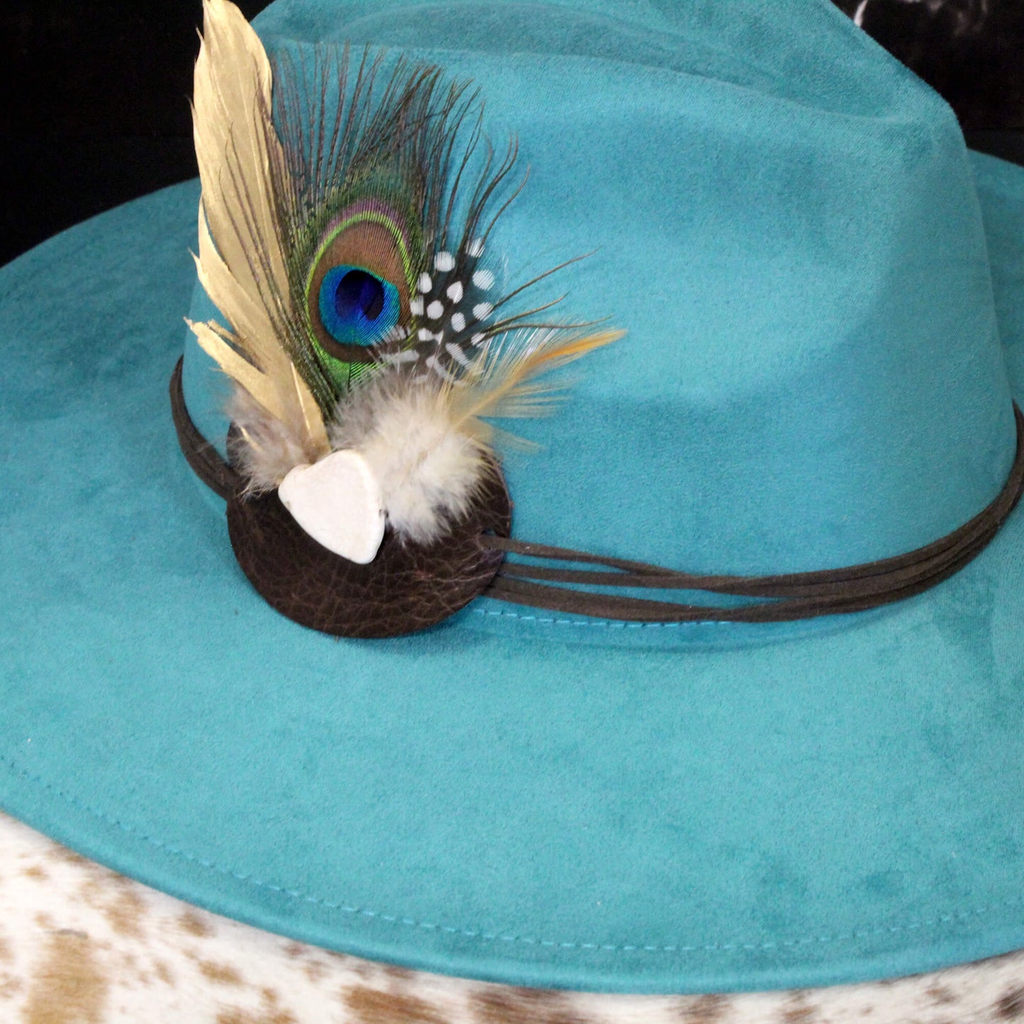 Peacock Feather, White Turquoise Slab Leather Hatband