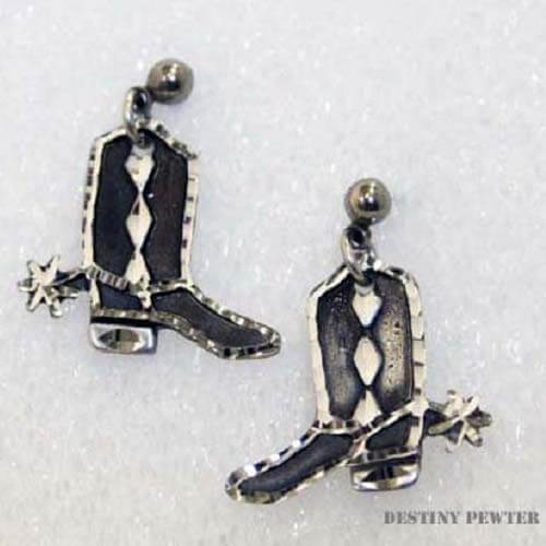 Destiny pewter earrings are made of fine jeweler's pewter that is extremely lightweight and has a brilliant shine. each piece is handmade and hand finished with diamond cuts. The sparkly cuts give each piece a unique dazzling sparkle. All earrings have a hypo-allergenic post or wire made of surgical steel. Matches our Cowboy Boot Necklace. Made in USA Approximately 1" long