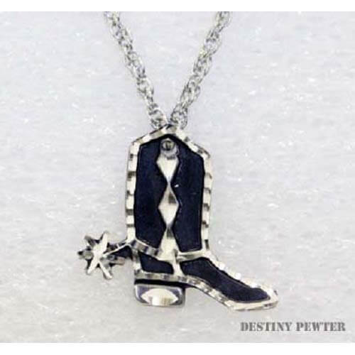 Destiny pewter jewelry are made of fine jeweler's pewter that is extremely lightweight and has a brilliant shine. each piece is handmade and hand finished with diamond cuts. The sparkly cuts give each piece a unique dazzling sparkle. Approximately 1" on an 18" chain. Matches our Pewter Boot Earrings. Made in USA