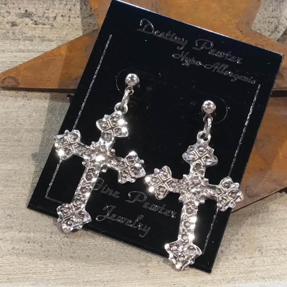 Destiny pewter jewelry are made of fine jeweler's pewter that is extremely lightweight and has a brilliant shine. Each piece is handmade and hand finished with diamond cuts. The sparkly cuts give each piece a unique dazzling sparkle. Approximately 1" wide by 1-1/2" long.  Made in USA