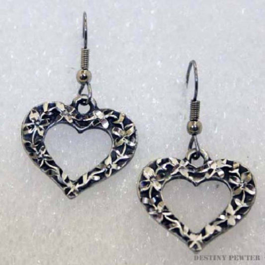 Destiny pewter earrings are made of fine jeweler's pewter that is extremely lightweight and has a brilliant shine. each piece is handmade and hand finished with diamond cuts. The sparkly cuts give each piece a unique dazzling sparkle. All earrings have a hypo-allergenic post or wire made of surgical steel. Made in USA