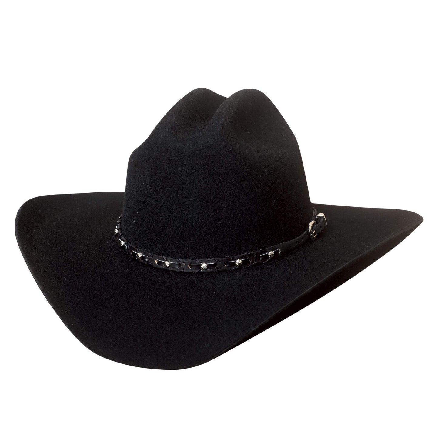 If you're a fan of classic Western fashion and want to make a bold statement with your headwear, look no further than the Pistol Pete Black Felt Wool Hat. This iconic cowboy hat is more than just an accessory; it's a symbol of rugged individuality, adventure, and timeless style. The Pistol Pete hat is made from high-quality premium 6X wool. This stylish hat has a matching braided hatband adorned with silver-tone studs and silver-tone buckle set. 4" Brim, a 4 3/8" Cattleman Crown