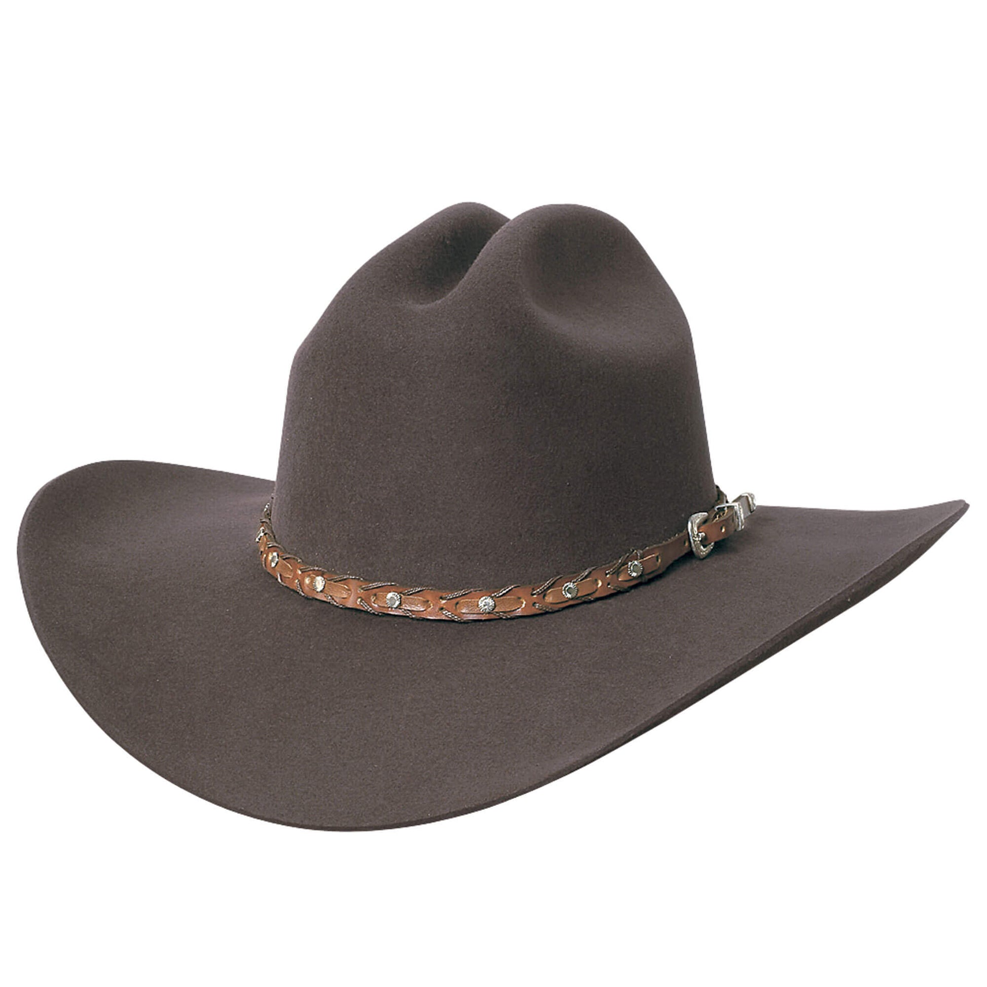 If you're a fan of classic Western fashion and want to make a bold statement with your headwear, look no further than the Pistol Pete Black Felt Wool Hat. This iconic cowboy hat is more than just an accessory; it's a symbol of rugged individuality, adventure, and timeless style. The Pistol Pete hat is made from high-quality premium 6X wool. This stylish hat has a matching braided hatband adorned with silver-tone studs and silver-tone buckle set. 4" Brim, a 4 3/8" Cattleman Crown