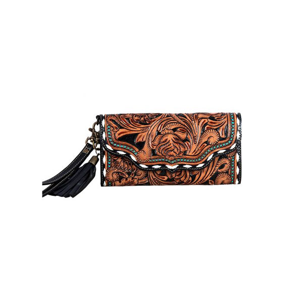 Bring sunny western style to your everyday carry with the Prairie Rose Hand-Tooled Wallet. This gorgeous wallet features hand-tooled leather with floral details, accented by a bright turquoise border and white buck stitch trim. The removable fringe accent and 6" wristlet handle add a touch of boho chic. With enough space for cards, cash and more in its 4" x 8" interior, this wallet keeps you organized in stunning Southwestern style.