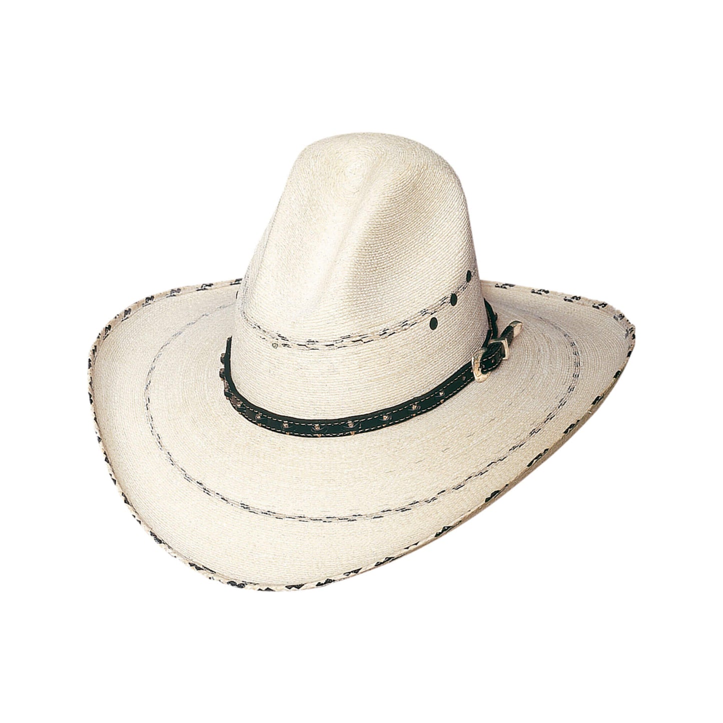 The Prescott from Bullhide is a popular choice in hat for those looking to get away. This southwest-inspired design has a prominent Gus crown that is 3" in the front and 6" in the back. Fitted on the outside with a belt-style hat band with buckle set, the Prescott also features a design around the crown, brim, and brim edge.