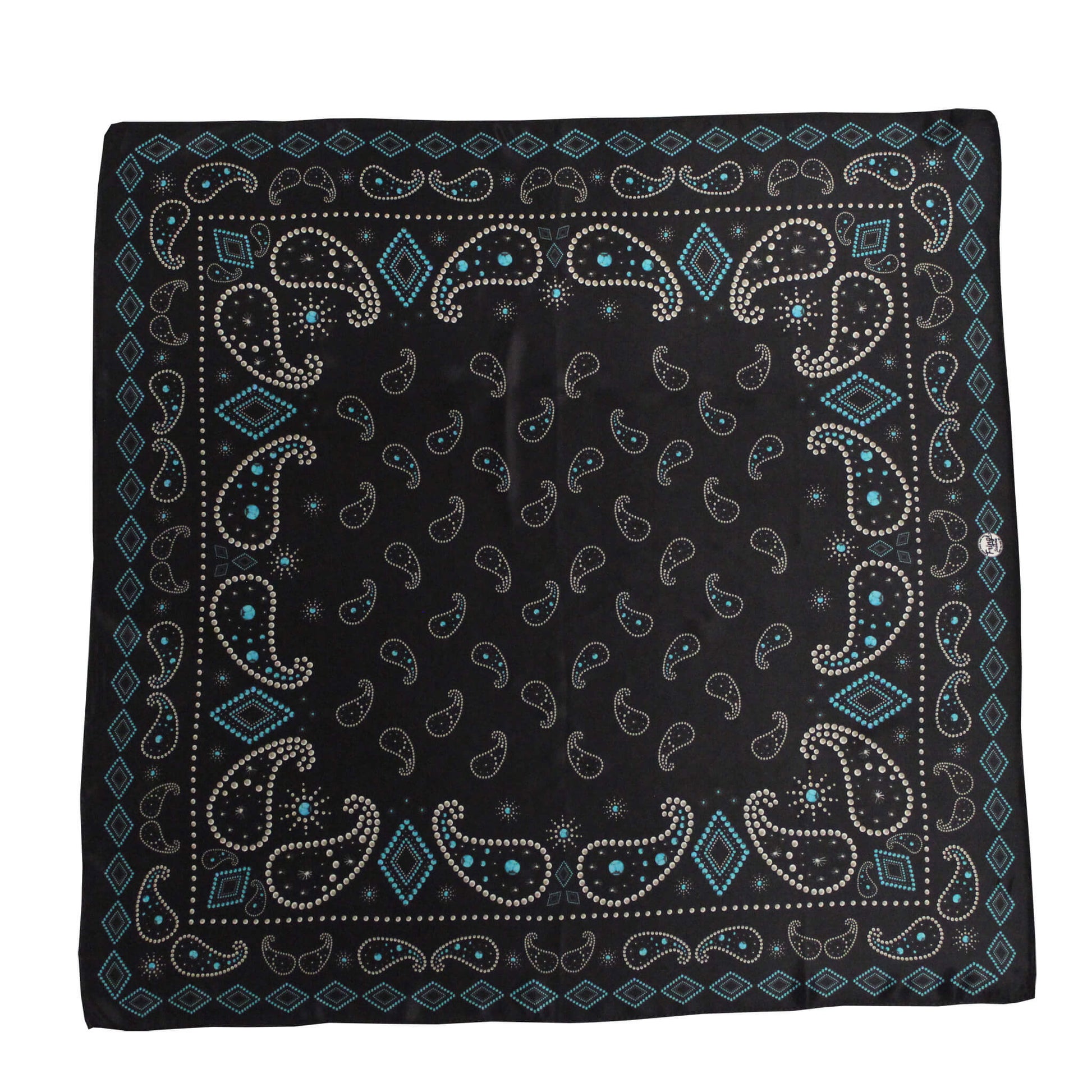 The Pretty Paisley is a jeweled pattern design on a 100% silk wild rag. The Pretty Paisley is a mix of turquoise and silver studs that make up this paisley and aztec patterned wild rag. A classic look that will work as a timeless addition to your wardrobe. Measure 35"x35"