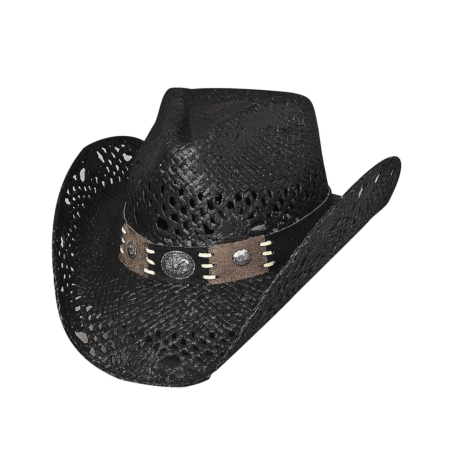 It is a toyo straw hat that boasts a 4" pinch front crown and a 3 1/2" brim. It has a pieced leather band with Conchos.