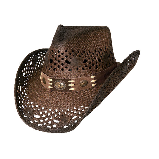 It is a toyo straw hat that boasts a 4" pinch front crown and a 3 1/2" brim. It has a pieced leather band with Conchos.