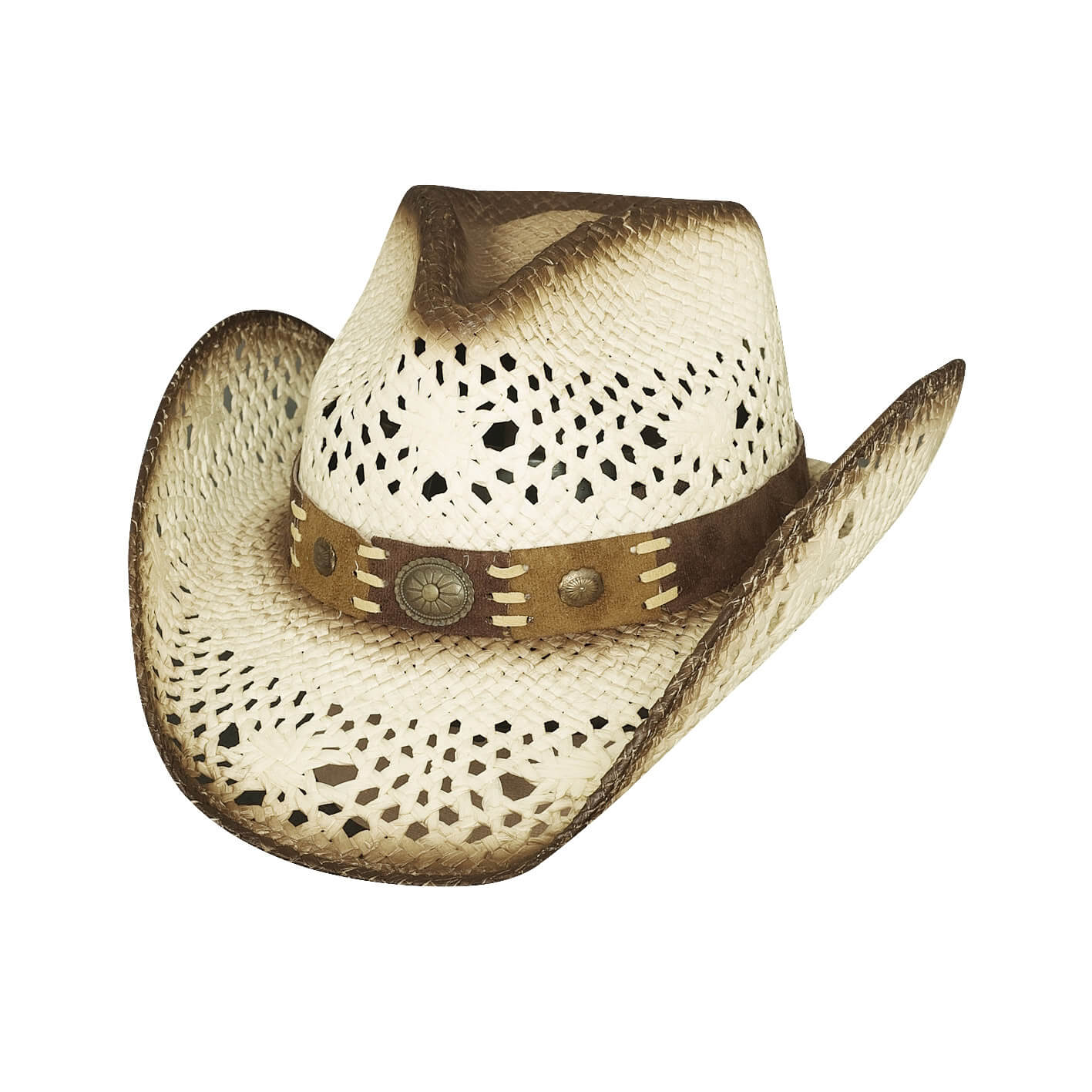 It is a toyo straw hat that boasts a 4" pinch front crown and a 3 1/2" brim. It has a pieced leather band with Conchos.