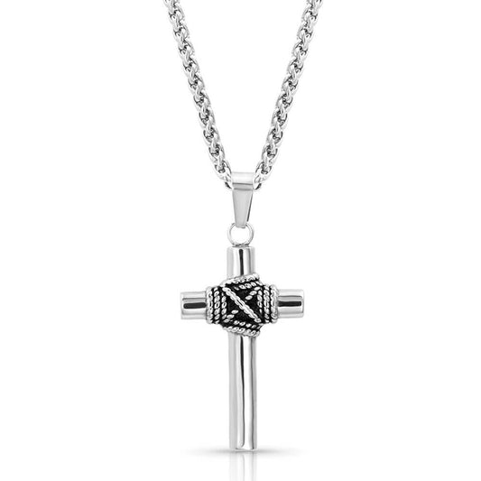 A bright silver tone smooth cylindrical armed cross has a center detailing of antiqued silver toned rope wrapped around the cross's center. Cross necklace pendant hangs on a 28 inch chain.