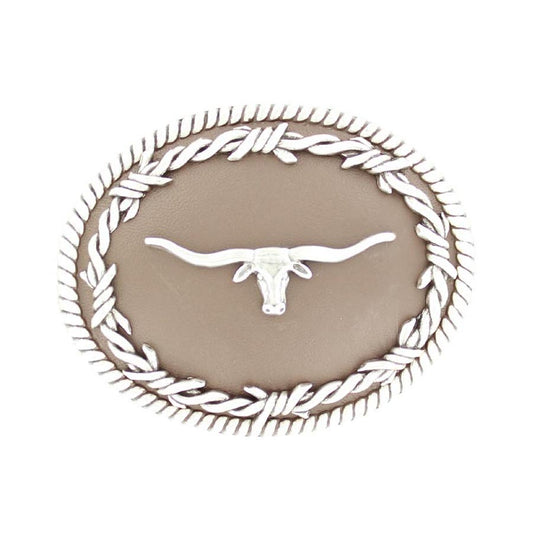 Awesome looking buckle in silver tones featuring a longhorn surrounded by barbwire on a rustic brown background. It comes boxed, measures 3 1/4" X 4" and will fit belts up to1 3/4" wide.