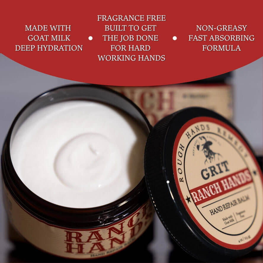 Ranch Hands hand repair balm jar with product features listed above it.