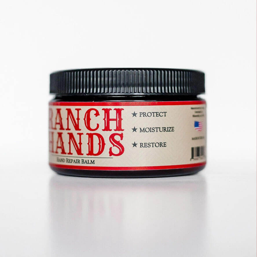 Jar of Ranch Hands hand repair balm with a red label on a white background