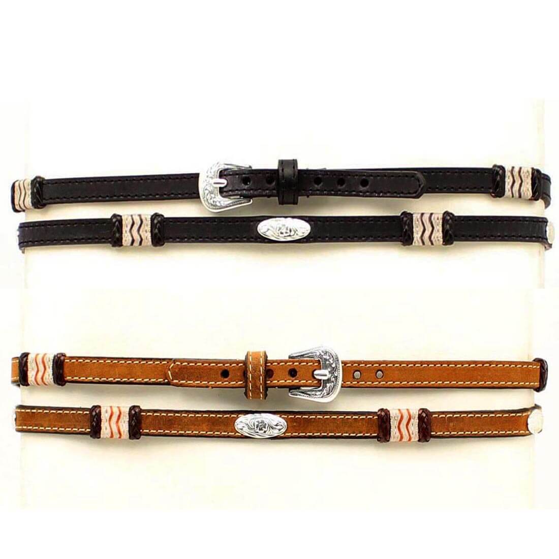 Create your own personalized style with this leather hatband with this beautiful hatband features alternating oval silver Conchos with a leather strap and alternating rawhide accents for a great cowboy look. This hatband uses a belt style adjustment with a rounded silver buckle. Imported