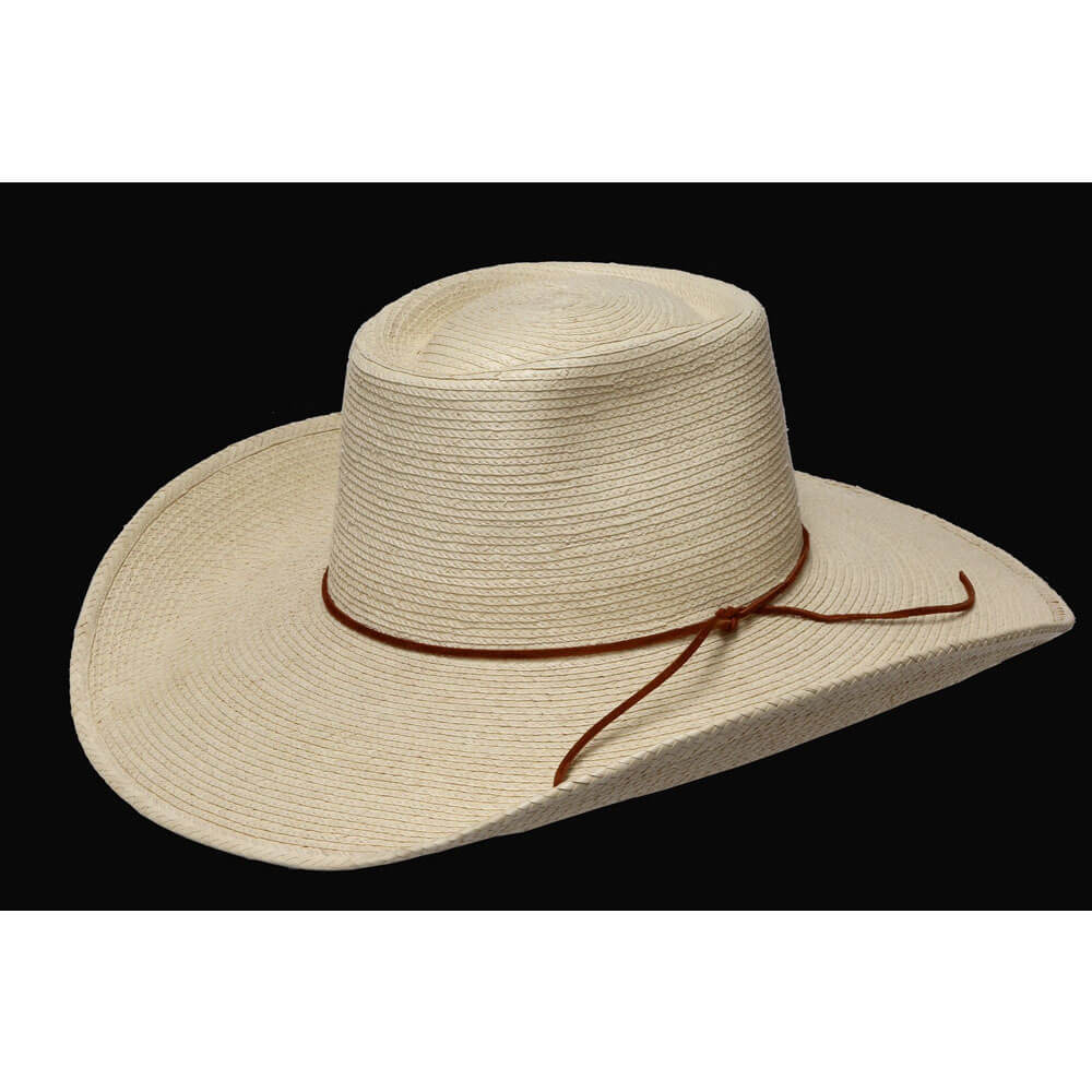 A variation of the Buck hat. 4-1/2" Brim, 4-1/4" Crown semi telescoped. This style is popular now with Reata Brannaman's customers and in the Great Basin area of the US. Guatemalan standard palm.