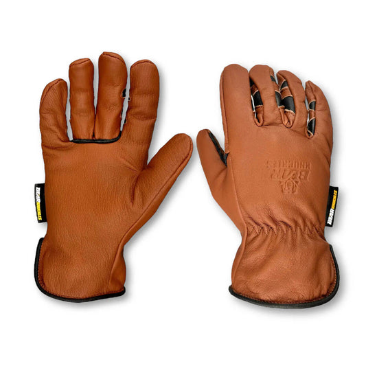 Pair of brown leather gloves with black accents on a white background