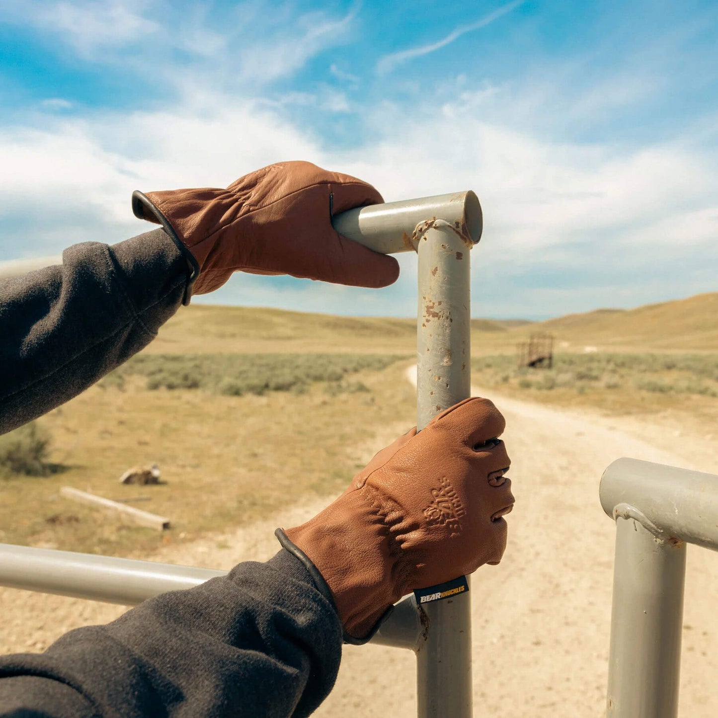 Person wearing brown gloves holding onto a metal gate with a scenic landscape in the background