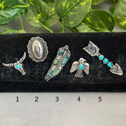 Set of five silver and turquoise jewelry pieces on a black velvet background with green leaves in the background.