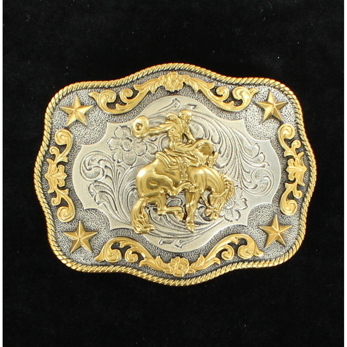 Men's western buckle features a silver rectangle shaped buckle with a gold rope edge accented with a bucking bronc motif and floral scroll edges with stars in the corners. Measures: 3 1/8" X 4"