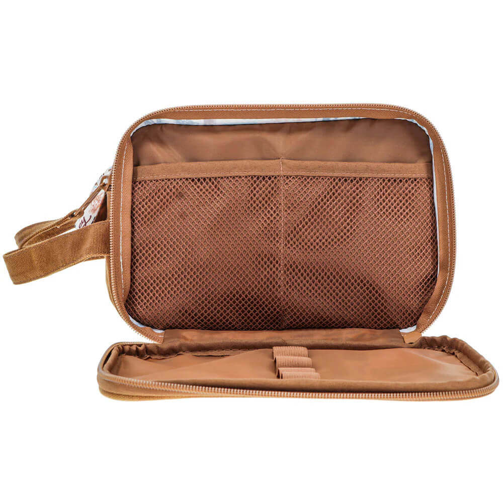 Brown Cowboy Western Toiletry Travel Bag showing interior mesh pockets and organizational features.