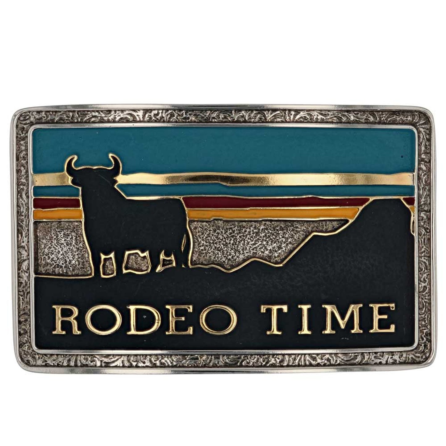 The Rodeo Time Southwestern Attitude Belt Buckle is rectangular in shape with a silver-toned filigree trim. It holds a silhouette of a Texas bull with mountains all cradled by green, orange, and red vibrant colors. The words "Rodeo Time" sit along the bottom in a gold-tone. It has a standard 1.5" belt swivel. Measures 4.5"x2.5"