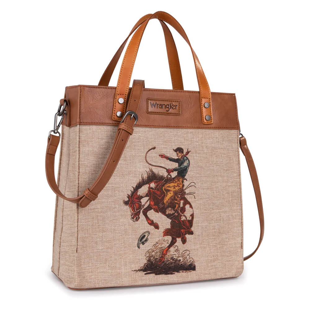 This wild Western tote bag measures 13.4"x11.8"x2.8" and has a zipper closure. Detachable and adjustable crossbody strap. A cute cowboy design is stitched in this canvas purse!