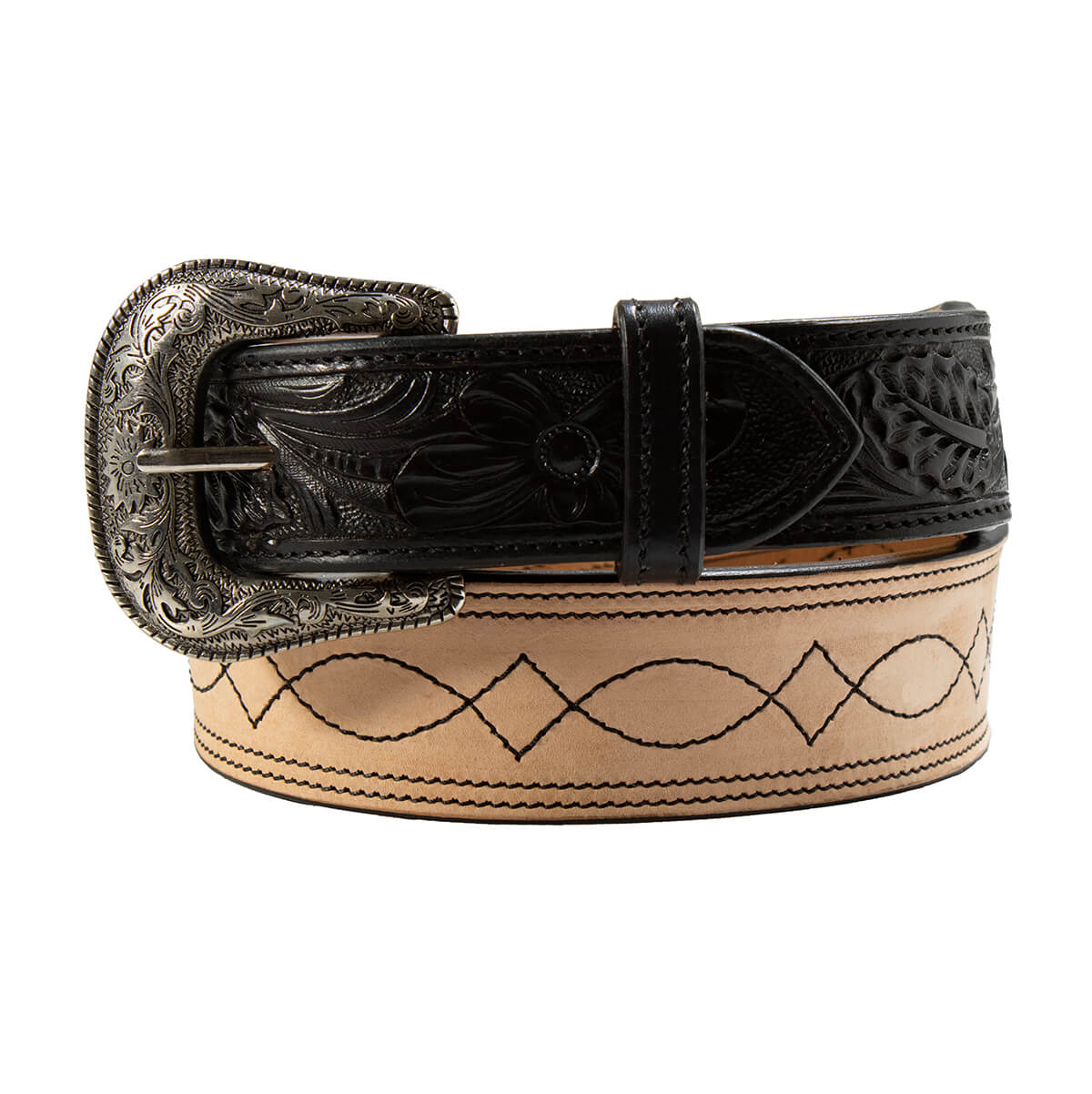 Roughout Black Boot Stitch Men's Western Belt showcasing floral tooling and antique silver buckle.